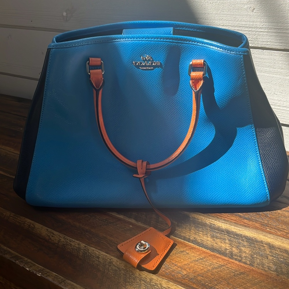 Coach Bright Blue Leather Tote with Orange Trim and Black Sides - Picture 13 of 15